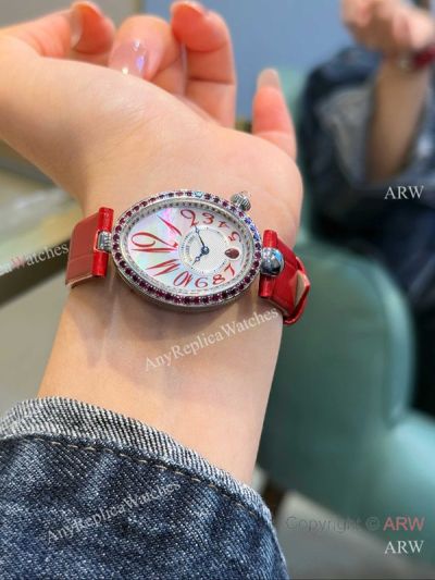 High Quality Replica BREGUET Reine De Naples Red Leather Strap White Face Dial Red Diamond Inlaid Case Watch